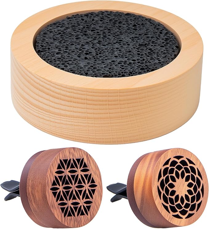3 Pcs Lava Rock Essential Oil Diffusers -1 Lava Stone Passive Diffuser with Wood Bottom and 2 Wooden Car Diffusers, Passive Diffuser for Home, Office, Bedroom, Bathroom, Sauna Room, Car Air Freshener