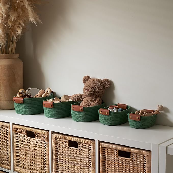 Storage Basket Set of 5 - Cotton Rope Organizer Bins for Home, Nursery & Bedroom