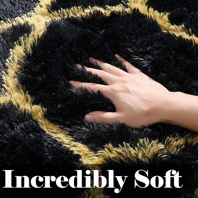 ONASAR 5x7 Area Rugs for Living Room Bedroom, Fluffy Black and Gold Faux Fur Rug, Geometric Boho Soft Plush Shaggy Floor Carpet Mat for Nursery Kids Girls Boys Teen Dorm Home Office Decor