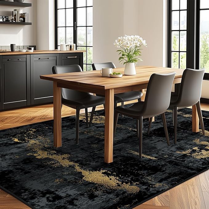 Washable Area Rugs 10'x12' Non-Slip Modern Abstract Soft for Living Room Entryway Bedroom Nursery, Print Pattern, Dark Black Gold
