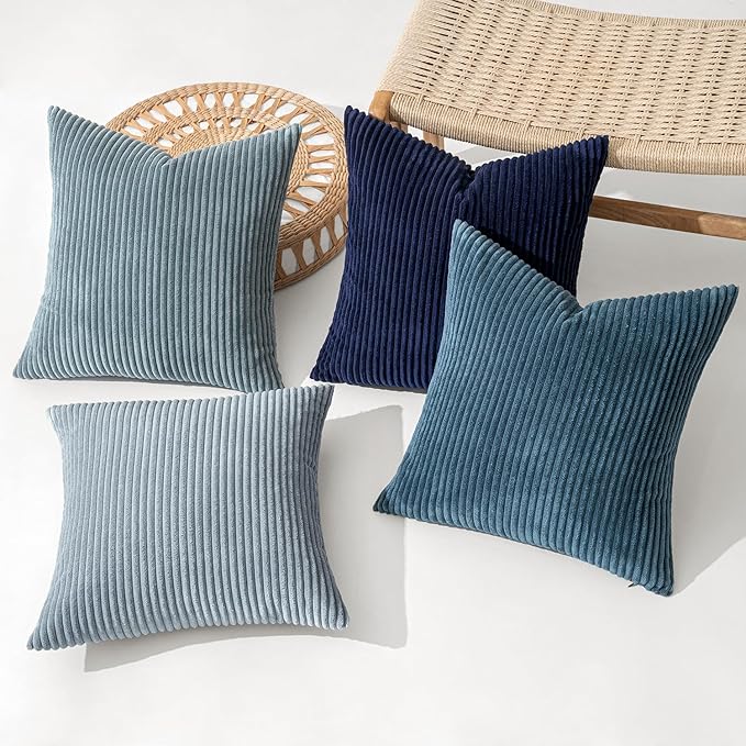 MIULEE Boho Farmhouse Throw Pillow Covers 16x16 Inch Set of 4 Western Neutral Decorative Cushion Covers Soft Modern Coastal Corduroy Spring Decor for Couch Bed Sofa Living Room Dark Blue Navy Series