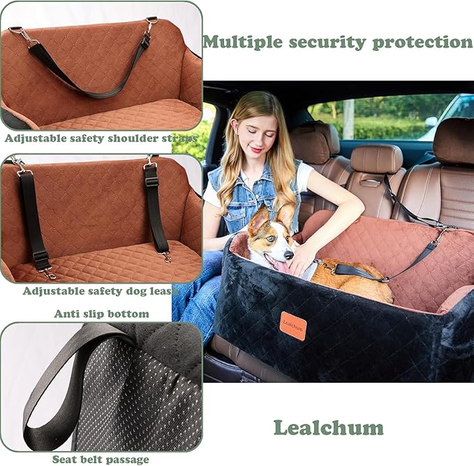 Dog Car Seat for Medium/Large Dogs,2 Clip-On Safety Leashs for 2 Small Dogs,Removable and Washable Comfy Pet Car Seat,Easy to Install and Clean (Black/Red, Large)