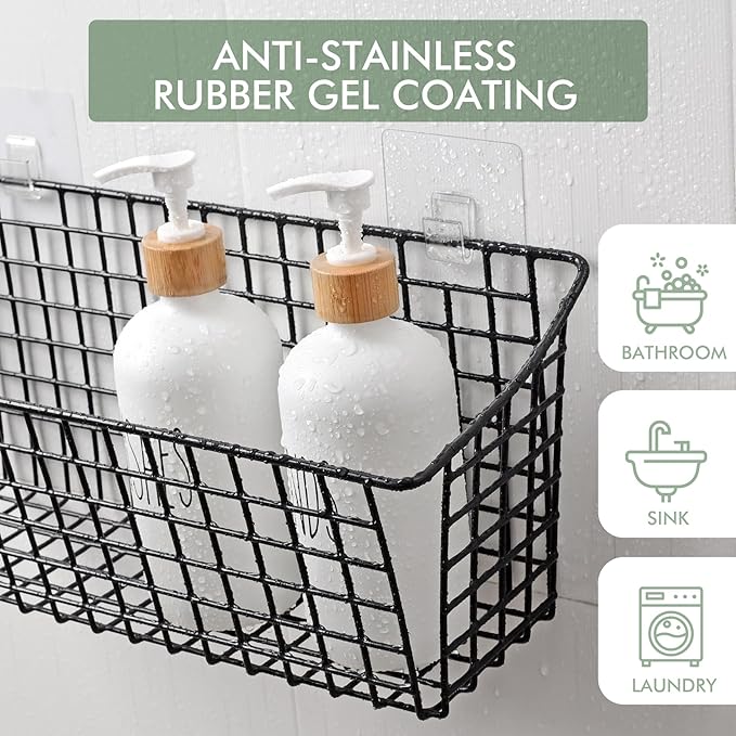 Large Wall Hanging Baskets - 2 Set Rustproof Rubber Coating Wall Shelving Organizers - Metal Wire Basket Storage No Drill Adhesive Wall Mount for Shower Kitchen Laundry Pantry Cabinet RV (Black)