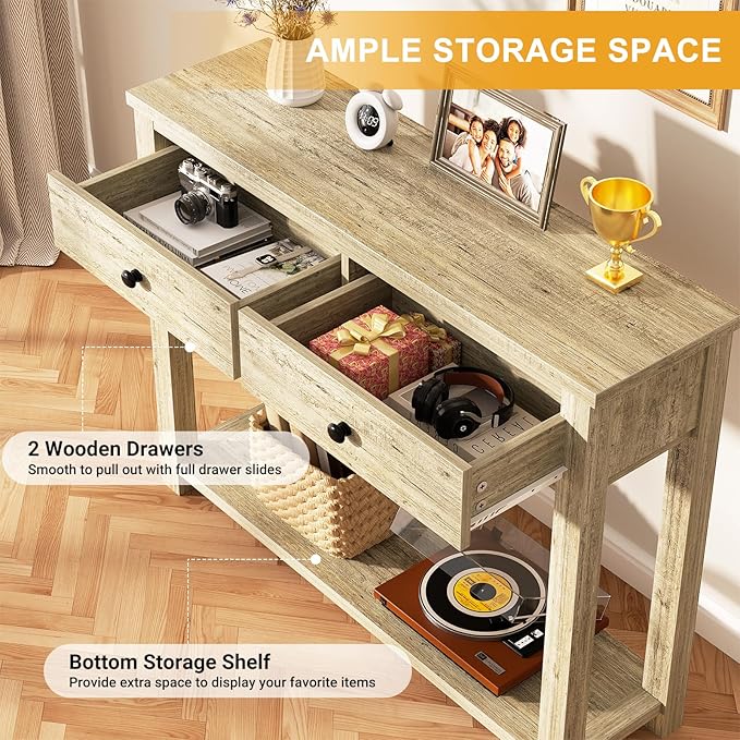 Homieasy Farmhouse Console Table with 2 Drawers, 32 Inch Small Sofa Table with Storage Shelf for Living Room, Behind Couch, Entryway Table for Hallway, Living Room, or Foyer, Light Rustic Oak