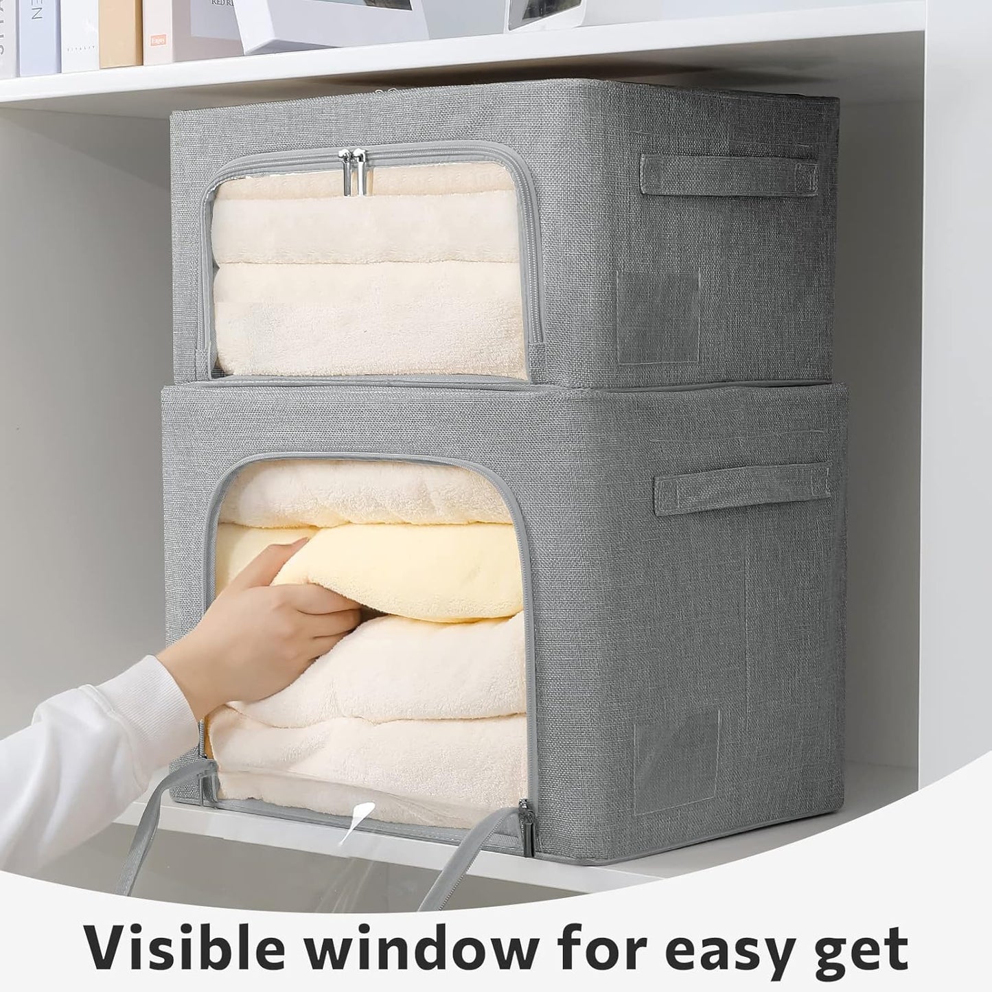 2 Pack Clear Window Storage Bins — Stackable Linen Fabric Storage for Clothes, Foldable Box Organizer with Carrying Handles, 36L (Gray, 15.7×11.8×11.7")