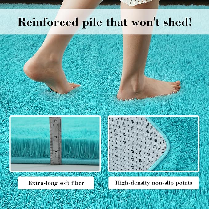 Teal Blue Rug Fluffy Rug, 10x14 Teal Area Rugs for Living Room, Soft Cute Baby Play Mat, Teal Rugs for Bedroom, Nursery, Preppy Dorm, Plush Aesthetic