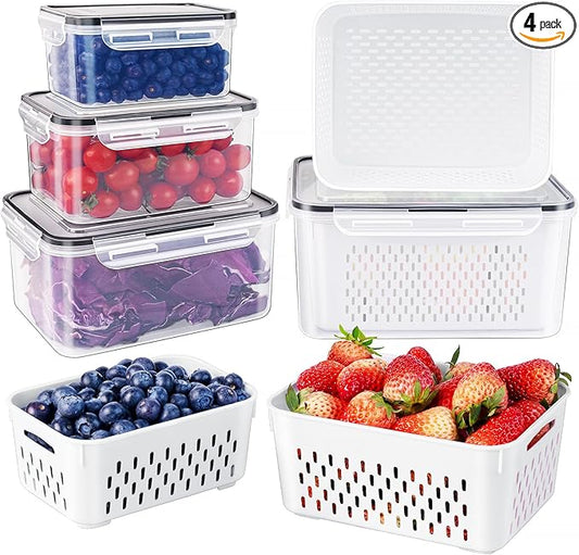 Freshmage Fruit Storage Containers for Fridge with Removable Colander, Airtight Food Storage Container, Dishwasher Safe Produce Saver for Refrigerator, Keep Berry Fruit Fresh Longer 4 pcs Small Clear
