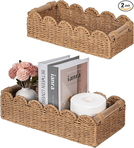 CubesLand Toilet Paper Storage Basket, Scalloped Edge Shelves Basket for Organizing for Over Toilet Tank Storage, Home Decor Baskets for Shelf, Countertop, Living Room, Bedroom, Handwoven, Neutral