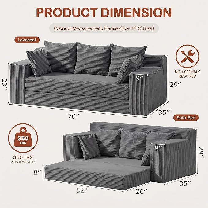 Convertible Sofa Bed, 5 in 1 Small Boneless Couch Pull Out Loveseat Sleeper Sofa,Corduroy Futon Couch Folding Mattress with 4 Pillows for Living Room Bedroom Lounge (No Assembly)