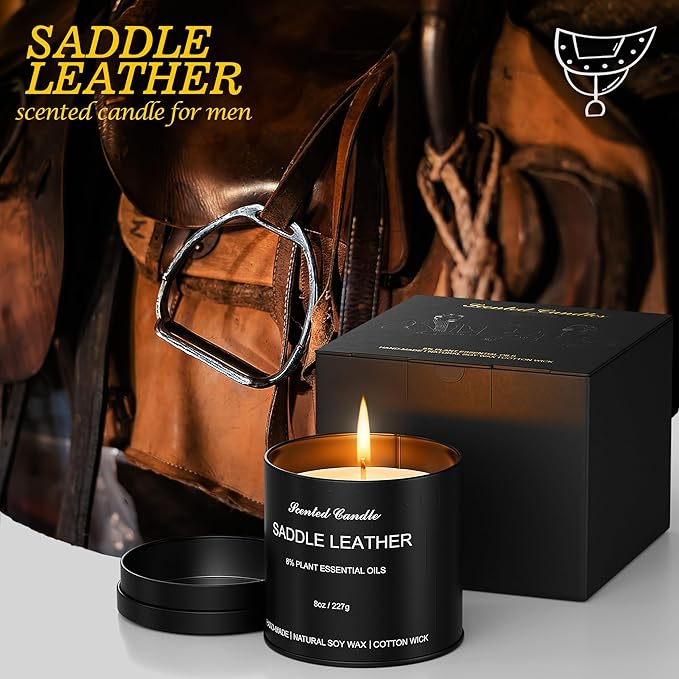 Scented Candles for Men - Saddle Leather Masculine Scented Candle, 8oz Luxury Soy Wax Candles with 8% Essential Oils, Scented Candle in Matte Black Tin, Gift of Men, Dad, Him