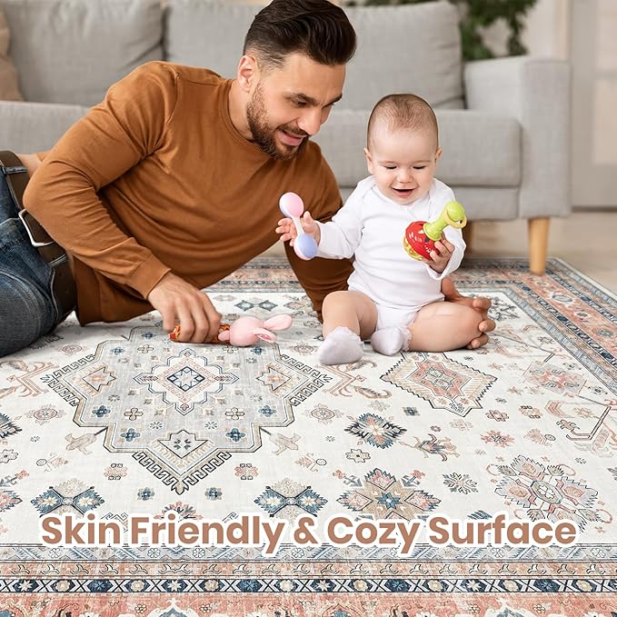 Vintage Living Room Area Rug 6x9 - Large Soft Washable Oriental Traditional Distressed Farmhouse Rugs for Bedroom - Indoor Floor Accent Carpet for Home Office House Decor - Coral Pink