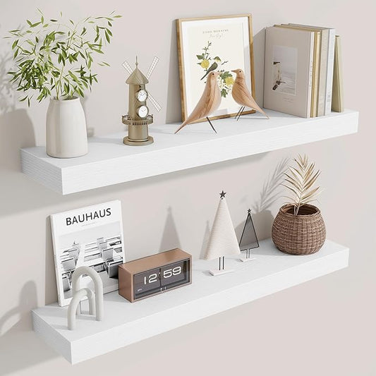 Fun Memories Floating Shelves 30 Inch, Wall Mounted Wood Shelf Set of 2, Farmhouse Decor for Bathroom, Bedroom, Kitchen, Living Room, White