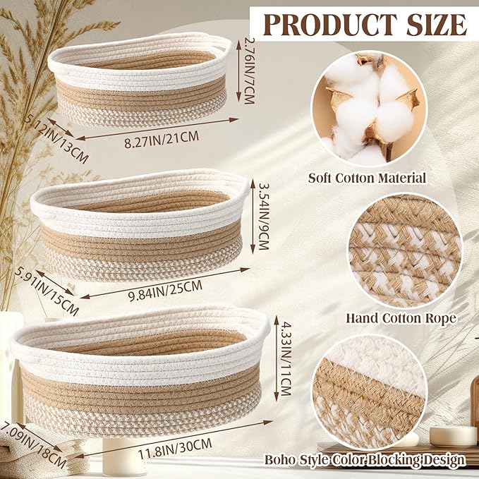6 Pcs Boho Storage Baskets for Organizing Woven Baskets Set Natural Cotton Rope Storage Bins for Shelves Toys Books Clothes Decorative Farmhouse Home Decor for Bedroom Closet Nursery, 3 Sizes