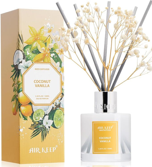 Airkeep Reed Diffuser Set,3.38 fl oz (100 ml) - Coconut Vanilla Oil Diffusers with 8 Reed Sticks, Home Fragrance Reed Diffuser for Bathroom Shelf Decor