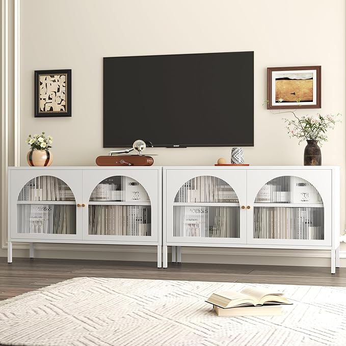 Metal TV Stand, Modern Storage Cabinet with 2 Acrylic Doors, Display Hallway Cabinet with Adjustable Shelf, Living Room Storage Cabinet for Home,Office,Entryway,Dining Room,Bedroom,White