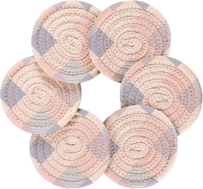 Tartan Plaid Blue Pink Drink Coasters, Handmade Cotton Absorbent Coaster Set of 6, Minimalist Home Decor for Coffee Table, Kitchen, Housewarming and Wedding Registry Ideas