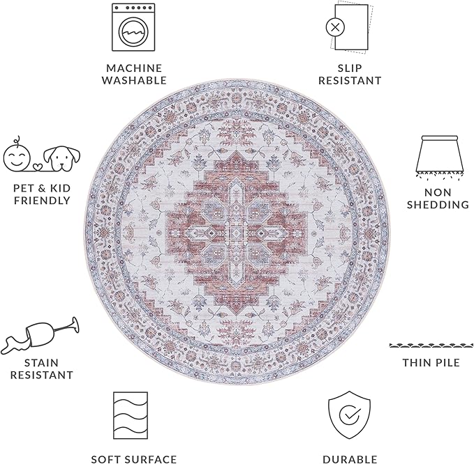 SAFAVIEH Washable Rug Tucson Collection - 6' Round, Ivory & Rust, Slip Resistant & Easy to Clean, Ideal for Living Room, Bedroom, Dining Space (TSN109A)