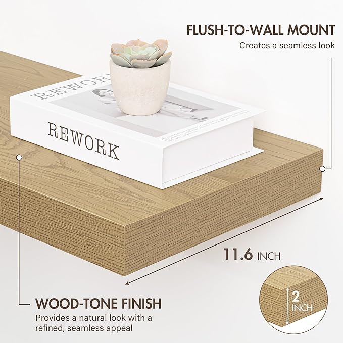 24 Inch Floating Shelves, 12" Deep Floating Shelf Wall Mounted, 24" Wall Shelves, Rustic Deep Bookshelf, Extra Deeper & Thicker Display Shelves for Bedroom, Living Room, Oak, Set of 2