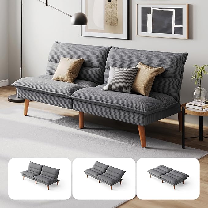 LINSY HOME Futon Sofa Bed - Convertible Corduroy Futon Couch Bed with Adjustable Backrest, Modern Small Loveseat Sleeper Sofa for Small Spaces, Living Room, Apartment or Office (Grey)