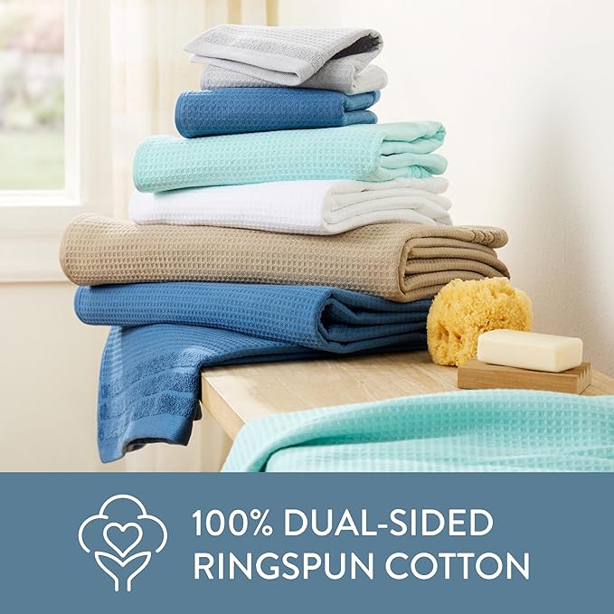 Town & Country Basics 6-Piece Assorted Waffle Woven Terry Stripe Set, 2 Bath Towel, 2 Hand Towel, 2 Washcloth, 100% Cotton, Quick Dry, White