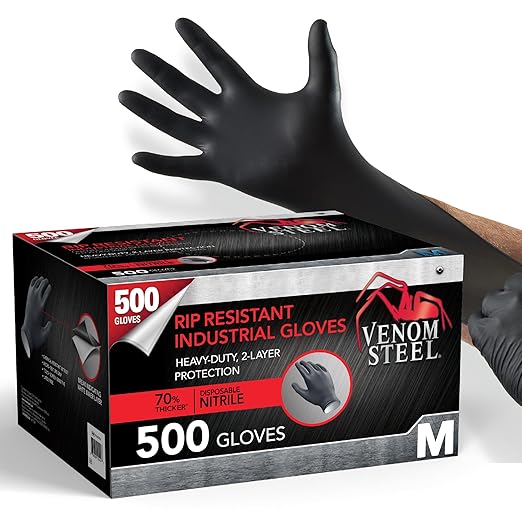 Venom Steel Industrial Nitrile Gloves, Chemical Resistant Disposable Black Gloves, Latex-Free, Powder-Free, Textured Grip, Heavy Duty Two-Layer Protection, 6 mil, Medium (Pack of 500)