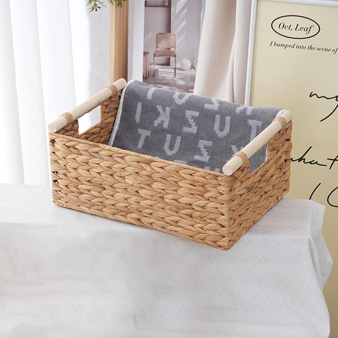 Wicker Storage Basket with Handles 15.5x10.8x6.2 Inch, Natural Woven Storage Baskets for Shelves Organization, Decorative Basket for Kitchen, Bathroom, Living Room Decor, Farmhouse Home Decor