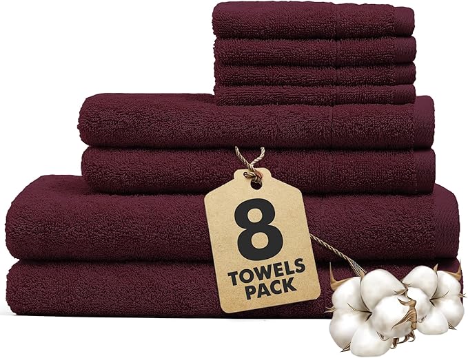 Bath Towels Set of 8 – 100% Cotton (Burgundy) Bathroom Towel Set Bale Includes 2 Bath, 2 Hand, 4 Face Towels – Soft, Absorbent & Quick Dry Towel for Bathroom, Spa, Kitchen, Hotel Use