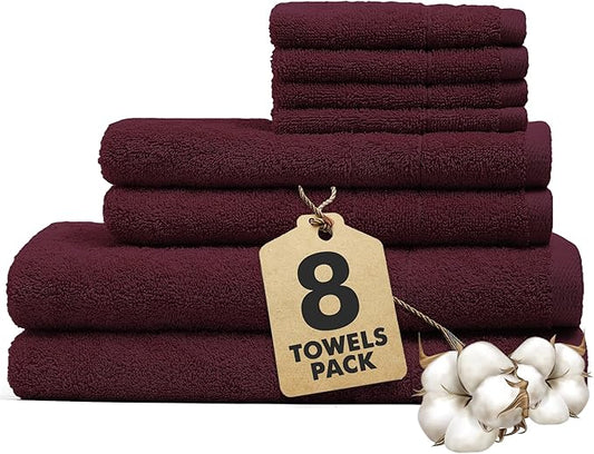Bath Towels Set of 8 – 100% Cotton (Burgundy) Bathroom Towel Set Bale Includes 2 Bath, 2 Hand, 4 Face Towels – Soft, Absorbent & Quick Dry Towel for Bathroom, Spa, Kitchen, Hotel Use