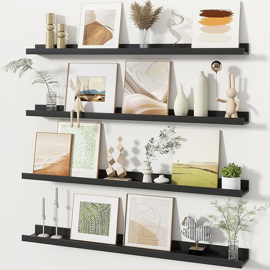 Fun Memories Picture Ledge Shelves Set of 4, 36 Inch Rustic Wall Mounted Floating Shelves with Lip for Home Storage and Décor in Bathroom, Kitchen, Nursery, Bedroom, Living Room, Black