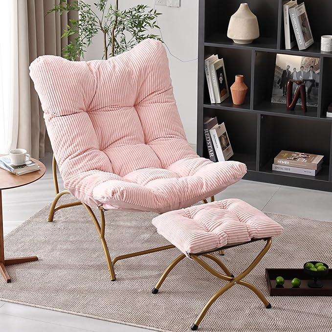 Welnow Modern Accent Chair with Ottoman, Upholstered Comfy Lounge Recliner Sofa, Thick Cushion Oversized Lazy Reading Chair with Footrest for Living Room, Bedroom, Apartment, Office, Dorm, Pink