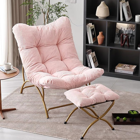 Welnow Modern Accent Chair with Ottoman, Upholstered Comfy Lounge Recliner Sofa, Thick Cushion Oversized Lazy Reading Chair with Footrest for Living Room, Bedroom, Apartment, Office, Dorm, Pink