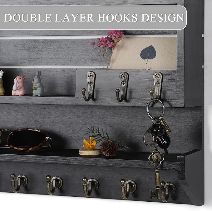 Innovation Premium Pine Wood Key Holder for Wall - Handcrafted Mail Organizer & Wall Mount Key Holder with 9 Sturdy Hooks, Finely Sanded & Hand-Sprayed Entryway Decor, Black