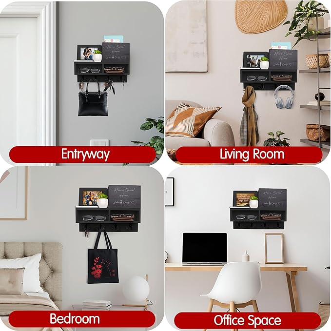 Spacelog Key and Mail Holder for Wall with Chalkboard – Magnetic Photo Frame Key Holder Wall Mount, Black, Dual Storage & Cupboards Mail and Key Organizer for Wall