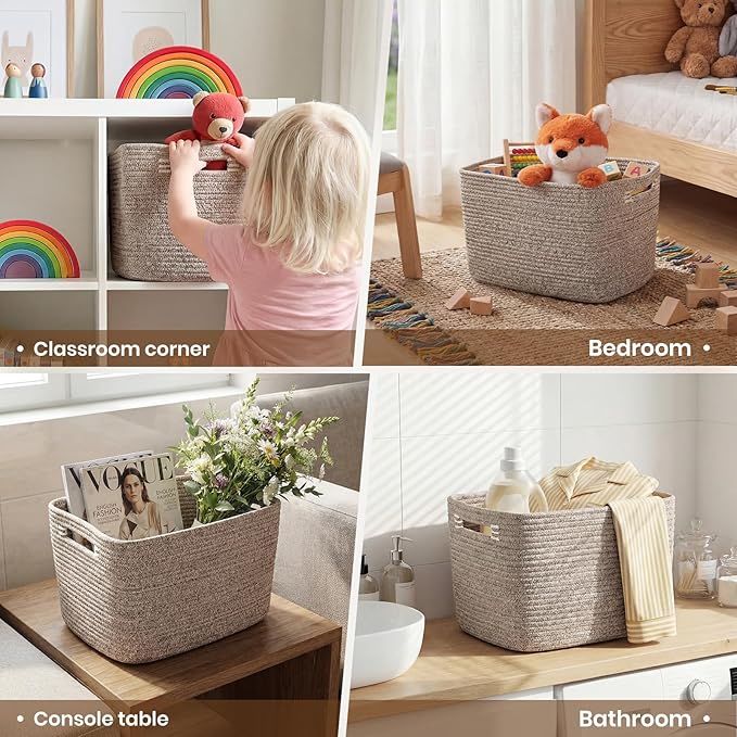 Storage Baskets for Organizing, 14 x 10 x 9” Closet Shelf Woven Baskets, Square Bins with Handles, Cotton Rope Basket for Toys, Clothes, Office, Room, Brown 3 Pack