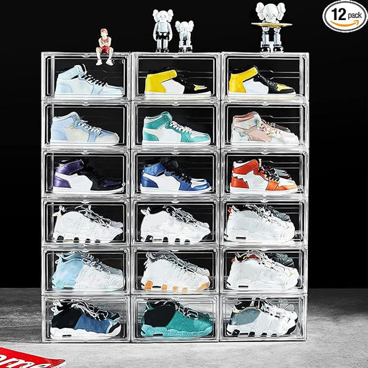 12 Pack Shoe Boxes, Clear Acrylic Stackable Plastic Sneaker Box Container, Magnetic Drop & Side Open Shoe Organizer Case Container With Lids Fits Up to Size 14 (Crystal Clear)