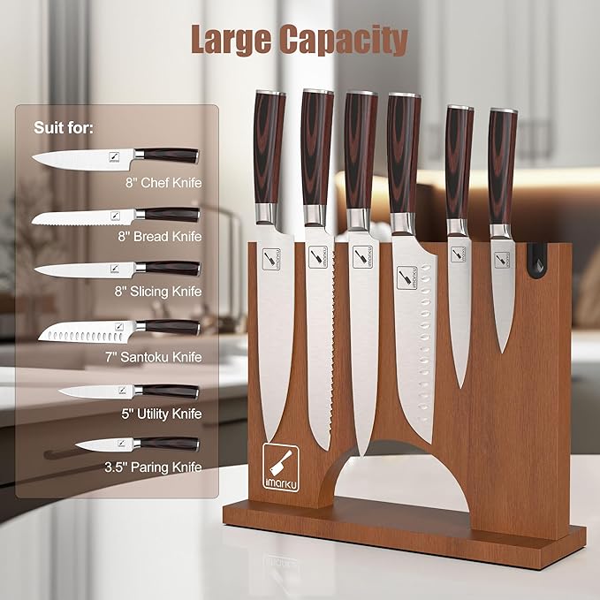 imarku Magnetic Knife Block Holder, Double Sided Kitchen Knife Holder for Counter Top, Universal Knife Block without Knives, Magnetic Knife Holder with Knife Sharpener, Best Gifts