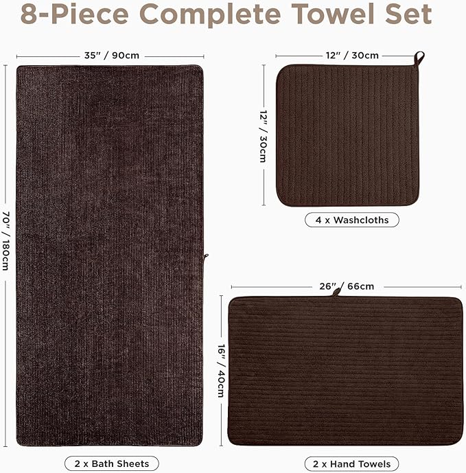 Oversized Bath Towels 8 Piece Towel Set, 2 Extra Large Bath Sheets, 2 Hand, 4 Washcloths, Luxury Soft Super Absorbent Thick Shower Towels for Bathroom, Spa & Hotel, Quick Dry, Brown
