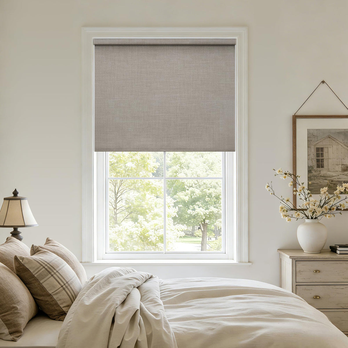 Black Out Shades Cordless Blinds for Bedroom Windows Free-Stop Thermal Insulated 100% Blackout Linen Roller Shades Blinds for Bedroom Living Dining Room, Greyish Beige Burlywood Bi