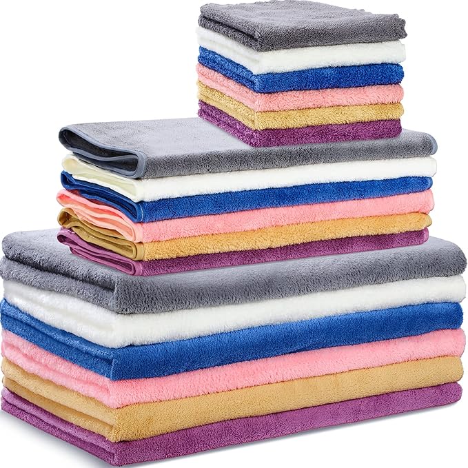 18 Pcs Microfiber Bath Towel Set 6 Bath Towels 6 Hand Towels 6 Washcloths Soft Coral Velvet Highly Absorbent Bathroom Towel for Fitness Sports Yoga Travel(Cute Colors)