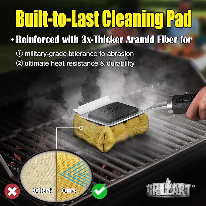 Grill Brush Bristle Free Safe Steam Cleaning Tool, Replaceable Head for Any Grate Type - 17” Long Handle w/One-Fit-All Scraper - BBQ Accessories Cleaner for Outdoor Grill - Gifts for Men/Dad