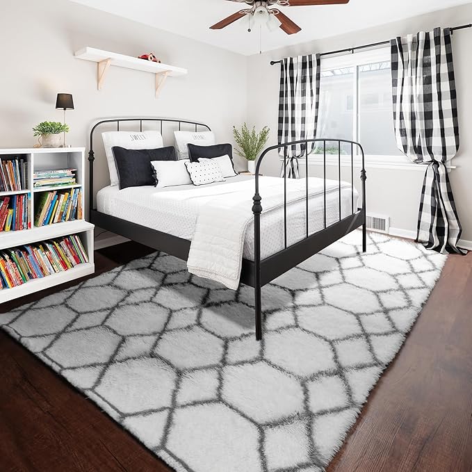 ONASAR 6x9 Area Rugs for Living Room Bedroom, Large Fluffy White and Grey Throw Rug, Geometric Soft Plush Shaggy Floor Carpet for Nursery Kids Girls Boys Teen Dorm Home Decor Aesthetic