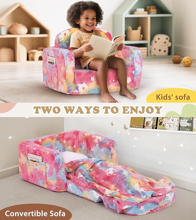Kids Couch, 2-in-1 Soft Toddler Couch Fold Out with Blanket and Cloud Pillow, Glow in The Dark, Toddler Chair Comfy, Convertible Sofa, Gifts for Kids Girl Boys, Medium Pink Unicorn