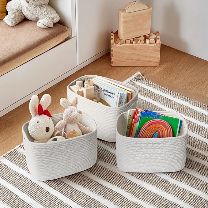 White Baskets for Organizing, 3 Pack Woven Cotton Rope Storage Baskets for Shelves, Decorative Closet Bin, Cute Fabric Storage Bins for Bathroom, Toys, Towels, Clothes, Shoes Organization