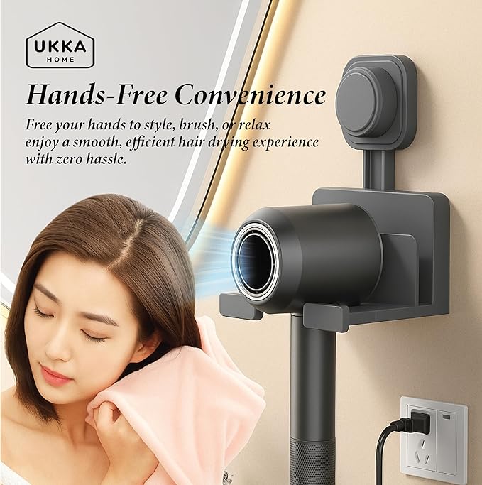 Suction Cup Hair Dryer Storage Organizer with Shelf & Hooks for Bathroom. Reusable, ABS Plastic, Rustproof, Wall Mounted. No Drill, No Glue, Nail Free (Gray, Standard)