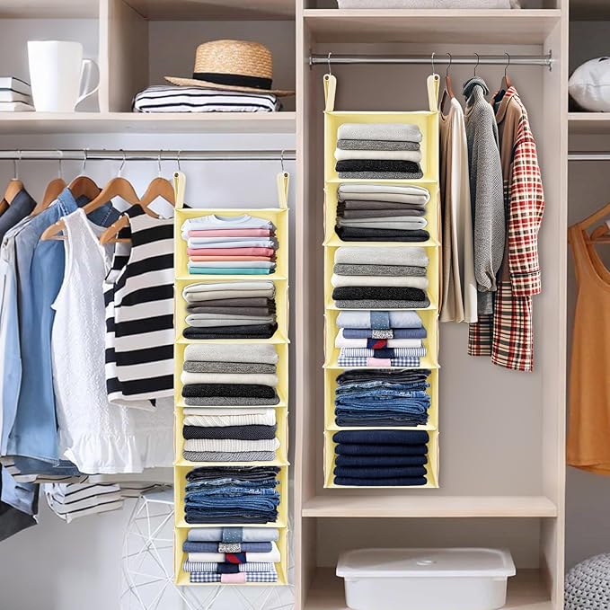 Posprica Interchangeable Hanging Closet Organizer – 6 Slim Tiers or 3 Spacious Compartments, Foldable Dual-Sided Fabric Shelf for Wardrobe, RV, Dorm(Beige)