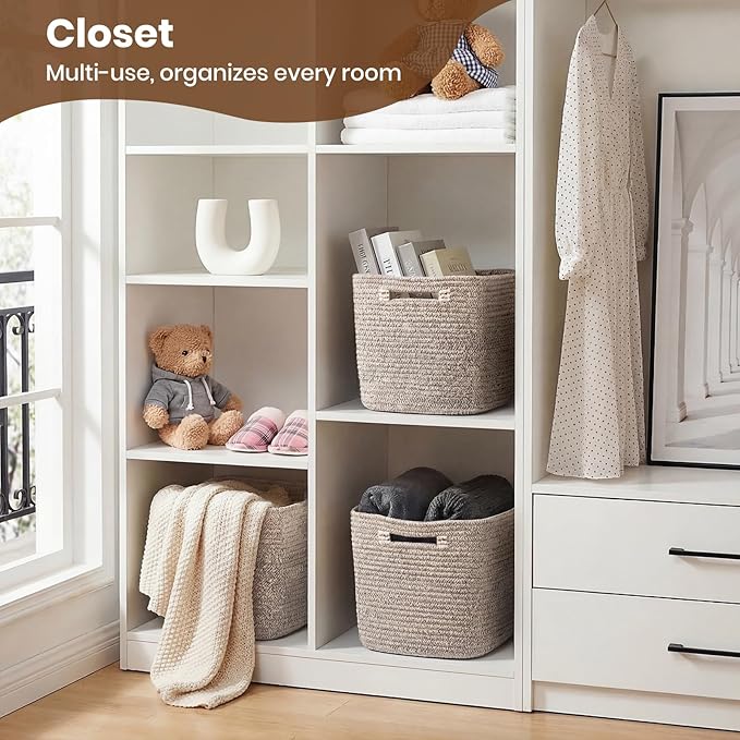 Storage Baskets for Organizing, 14 x 10 x 9” Closet Shelf Woven Baskets, Square Bins with Handles, Cotton Rope Basket for Toys, Clothes, Office, Room, Brown 1 Pack