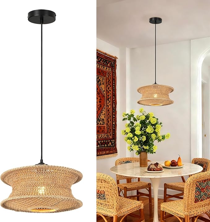 13" Boho Rattan Pendant Light Fixture, Hand Woven Hanging Ceiling Lamp for Kitchen Island, Dining Room, Entryway, Small Rustic Natural Woven Lighting