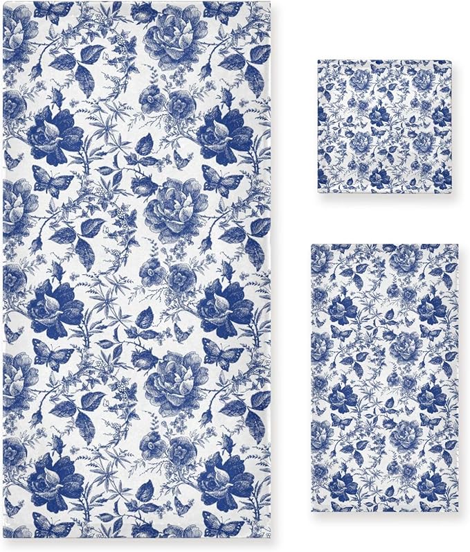 3 Piece Navy Blue Floral Leaves Bath Towel Set,Microfiber Decorative Vintage Chinoiserie Rose Flowers Leaf Bathroom Towels,1 Bath Towel 1 Hand Towel for Bathroom Kitchen,1 Washcloth for Face