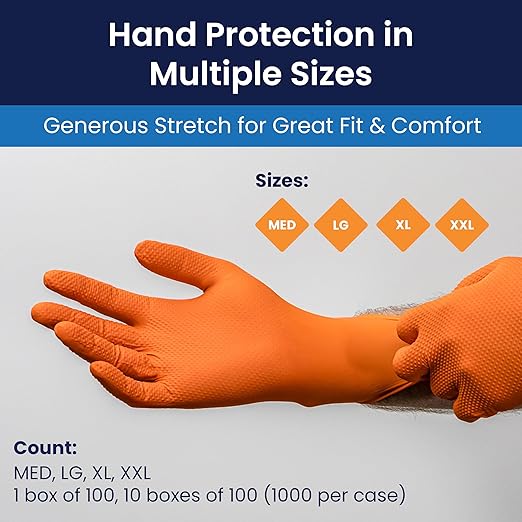 Adenna ProWorks CATCH Disposable Nitrile Gloves – 9 Mil, Heavy Duty Work Rubber Glove with Raised Pyramid Grip, Non–Latex & Powder Free, Pack of 100, Medium, Orange
