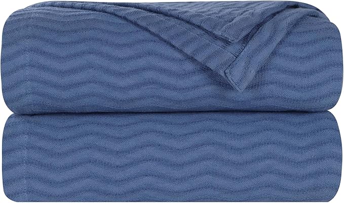 Superior JENA Cotton Blanket, for Picnic, Beach, Traveling or Camping, Bedroom Decor, Essentials, Cover for Bed, Couch, Lounging, Textured Jacquard, Modern Chevron Woven Blanket, Throw, Merritt Blue